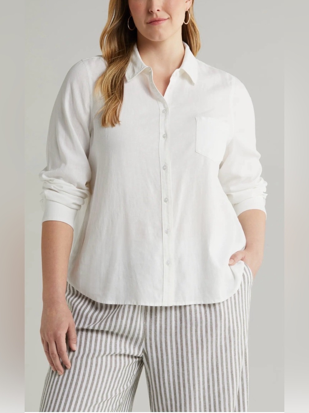 Caslon White Linen Blended Button-Down Shirt, Size XL
